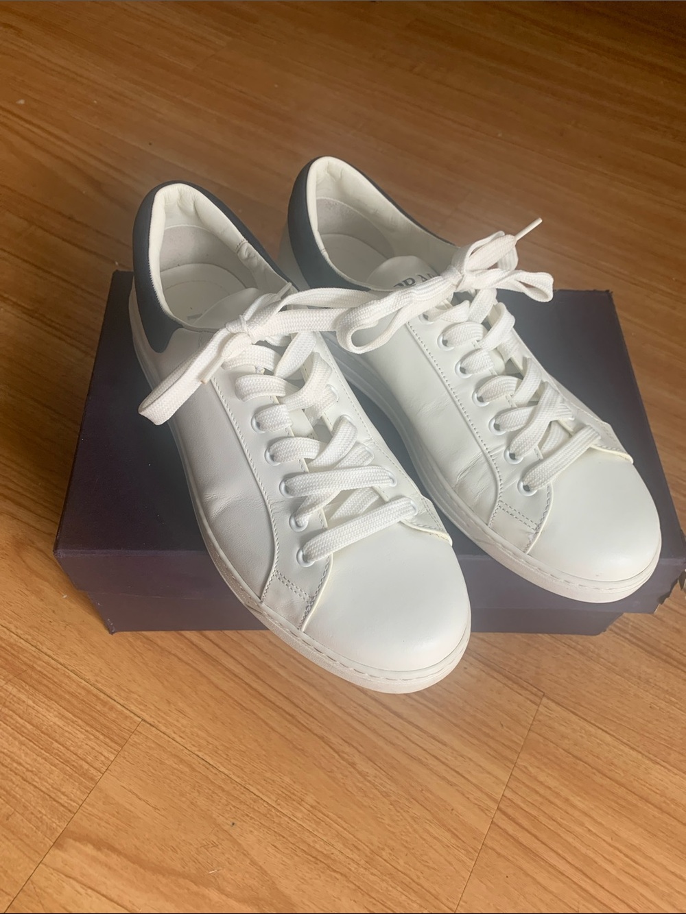 Prada White Leather Sneakers with Black Heel tab Excellent Condition